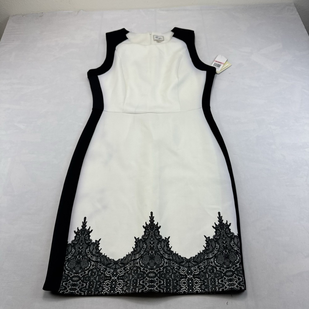 Beige by Eci Womens Size 10 Black White Lace Hem Sleeveless Sheath Dress NWT